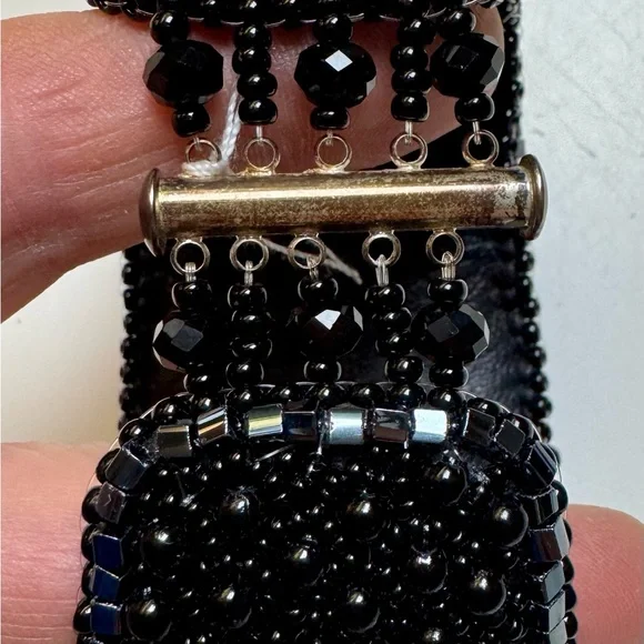 Artisan Vintage Genuine Agate~Obsidian Black Onyx Jet Bead cuff~Leather lined